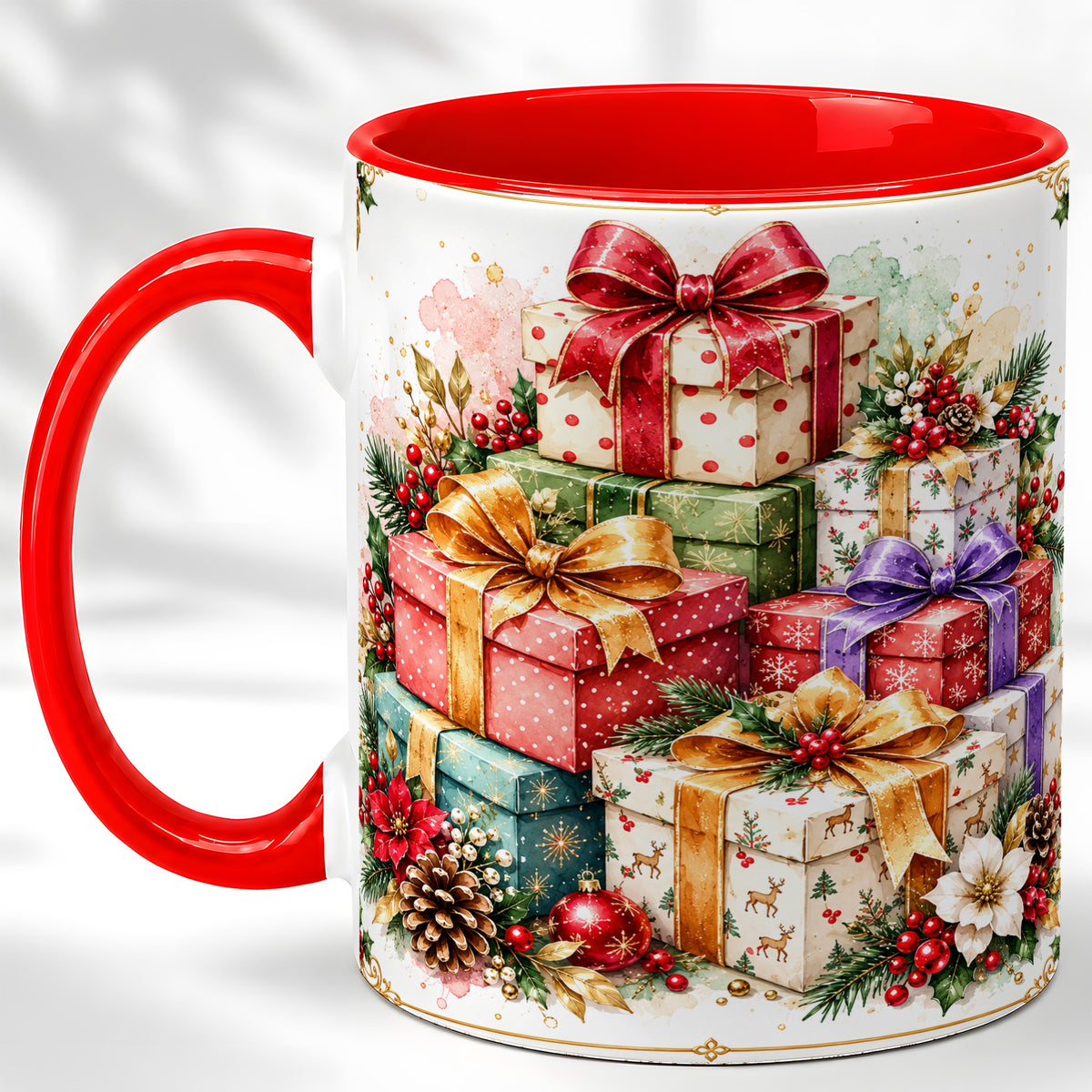Christmas Present Stack Coffee Mug, Purple Ribbon Holiday Mug, Ceramic Cup