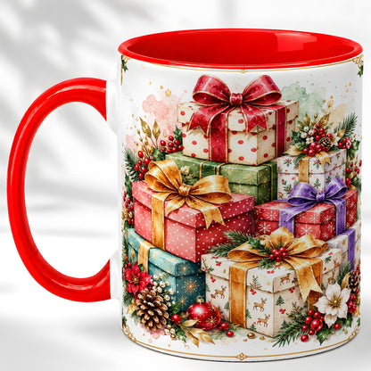 Christmas Present Stack Coffee Mug, Purple Ribbon Holiday Mug, Ceramic Cup