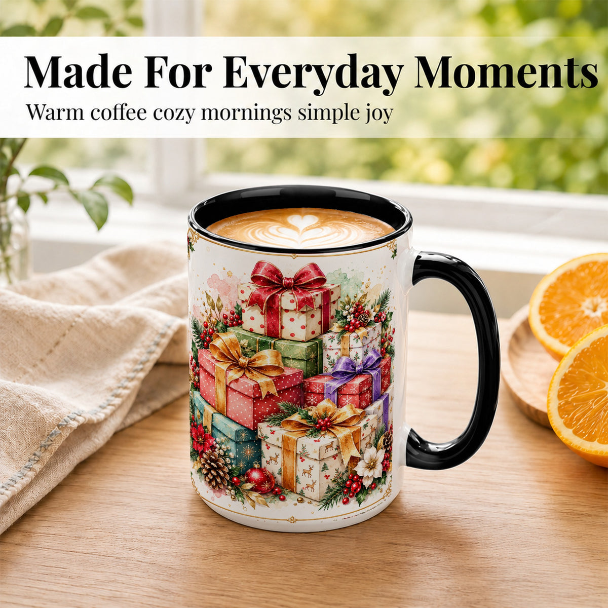 #pl[15oz|Black] Christmas Present Stack Coffee Mug, Purple Ribbon Holiday Mug, Ceramic Cup