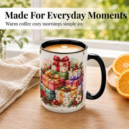 #pl[15oz|Black] Christmas Present Stack Coffee Mug, Purple Ribbon Holiday Mug, Ceramic Cup