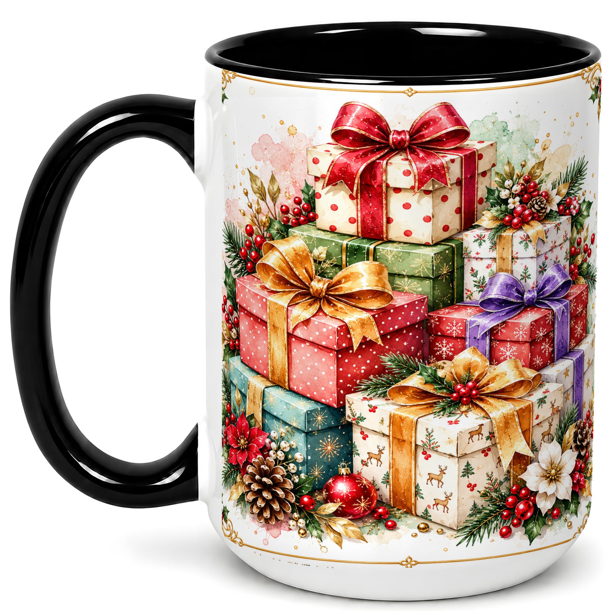 #pl[15oz|Black] Christmas Present Stack Coffee Mug, Purple Ribbon Holiday Mug, Ceramic Cup