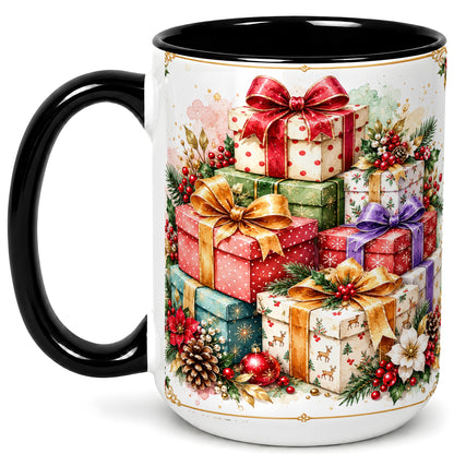 #pl[15oz|Black] Christmas Present Stack Coffee Mug, Purple Ribbon Holiday Mug, Ceramic Cup