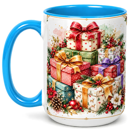 #pl[15oz|Blue] Christmas Present Stack Coffee Mug, Purple Ribbon Holiday Mug, Ceramic Cup