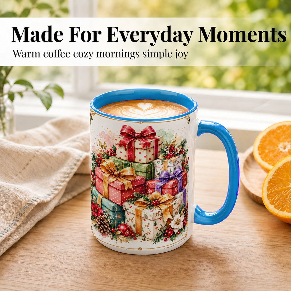 #pl[15oz|Blue] Christmas Present Stack Coffee Mug, Purple Ribbon Holiday Mug, Ceramic Cup