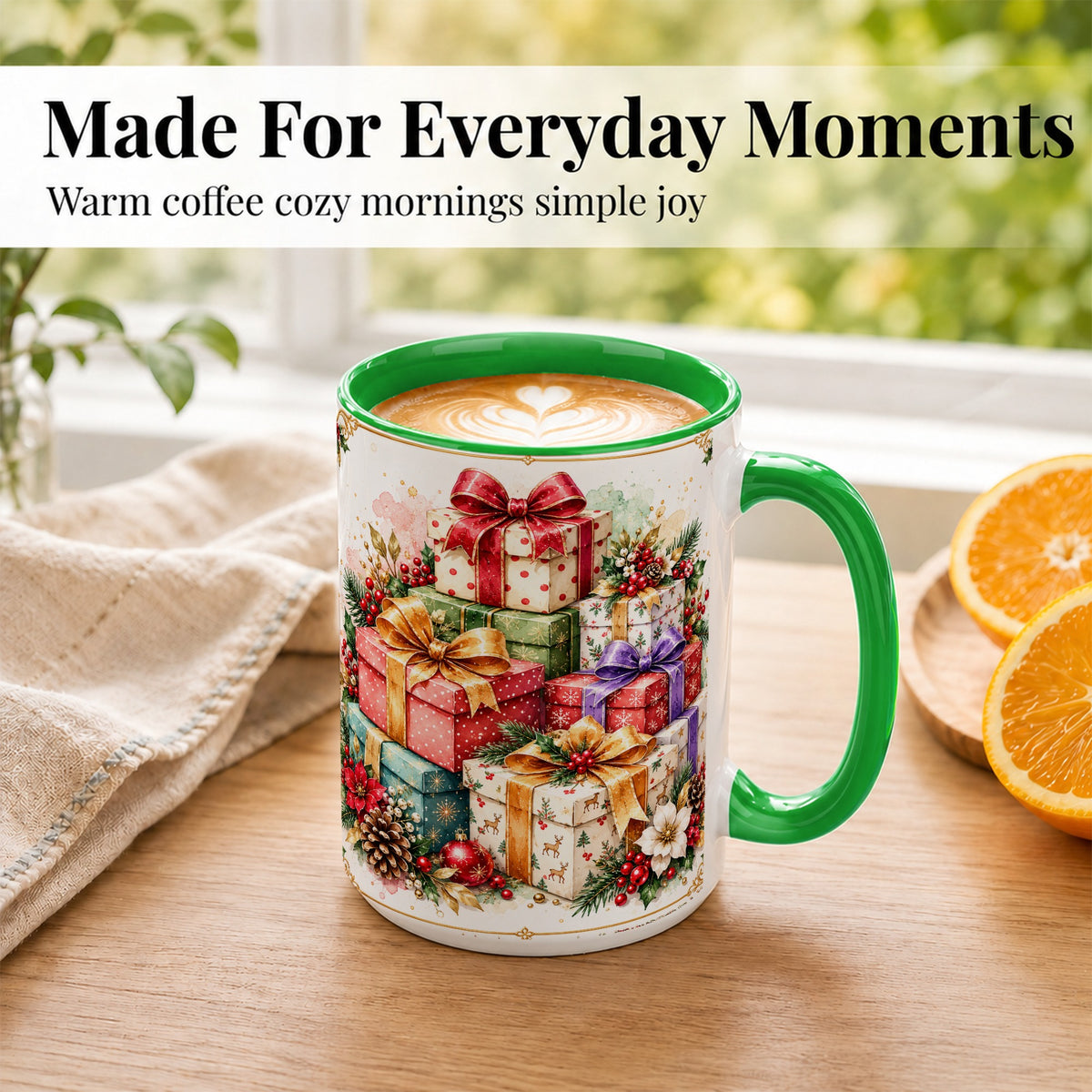 #pl[15oz|Green] Christmas Present Stack Coffee Mug, Purple Ribbon Holiday Mug, Ceramic Cup