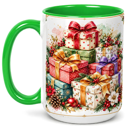 #pl[15oz|Green] Christmas Present Stack Coffee Mug, Purple Ribbon Holiday Mug, Ceramic Cup