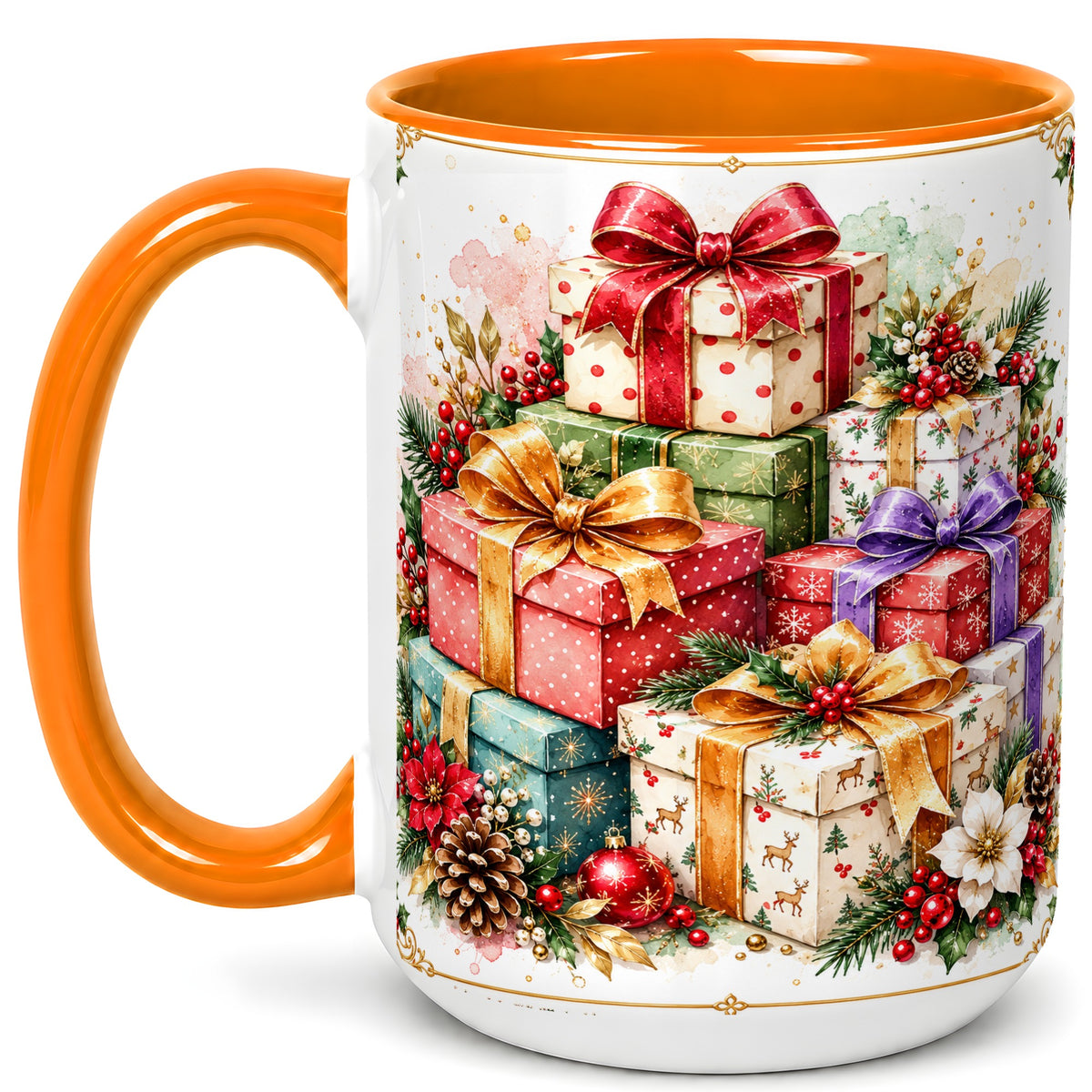#pl[15oz|Orange] Christmas Present Stack Coffee Mug, Purple Ribbon Holiday Mug, Ceramic Cup
