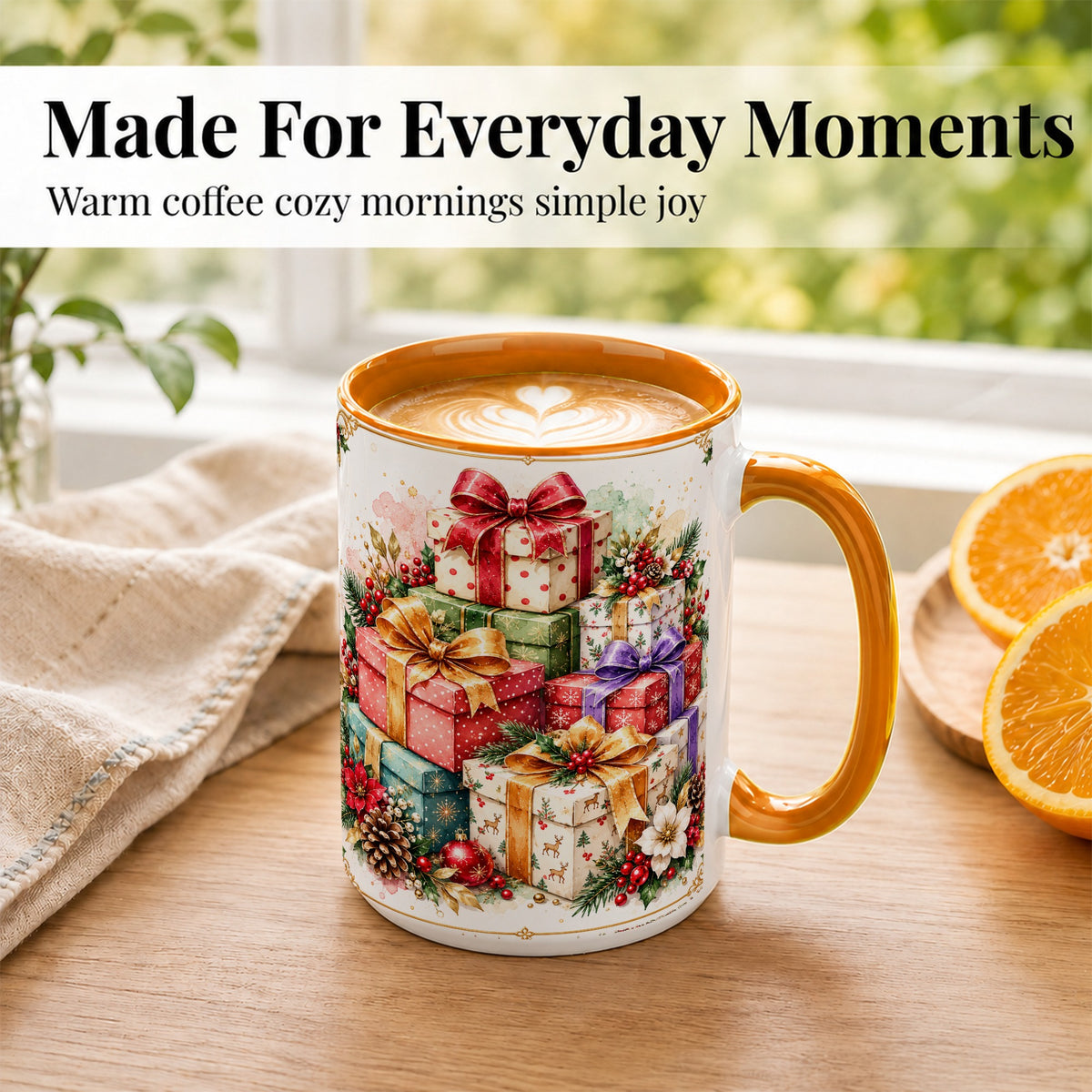 #pl[15oz|Orange] Christmas Present Stack Coffee Mug, Purple Ribbon Holiday Mug, Ceramic Cup