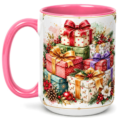 #pl[15oz|Pink] Christmas Present Stack Coffee Mug, Purple Ribbon Holiday Mug, Ceramic Cup