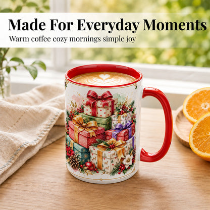 #pl[15oz|Red] Christmas Present Stack Coffee Mug, Purple Ribbon Holiday Mug, Ceramic Cup