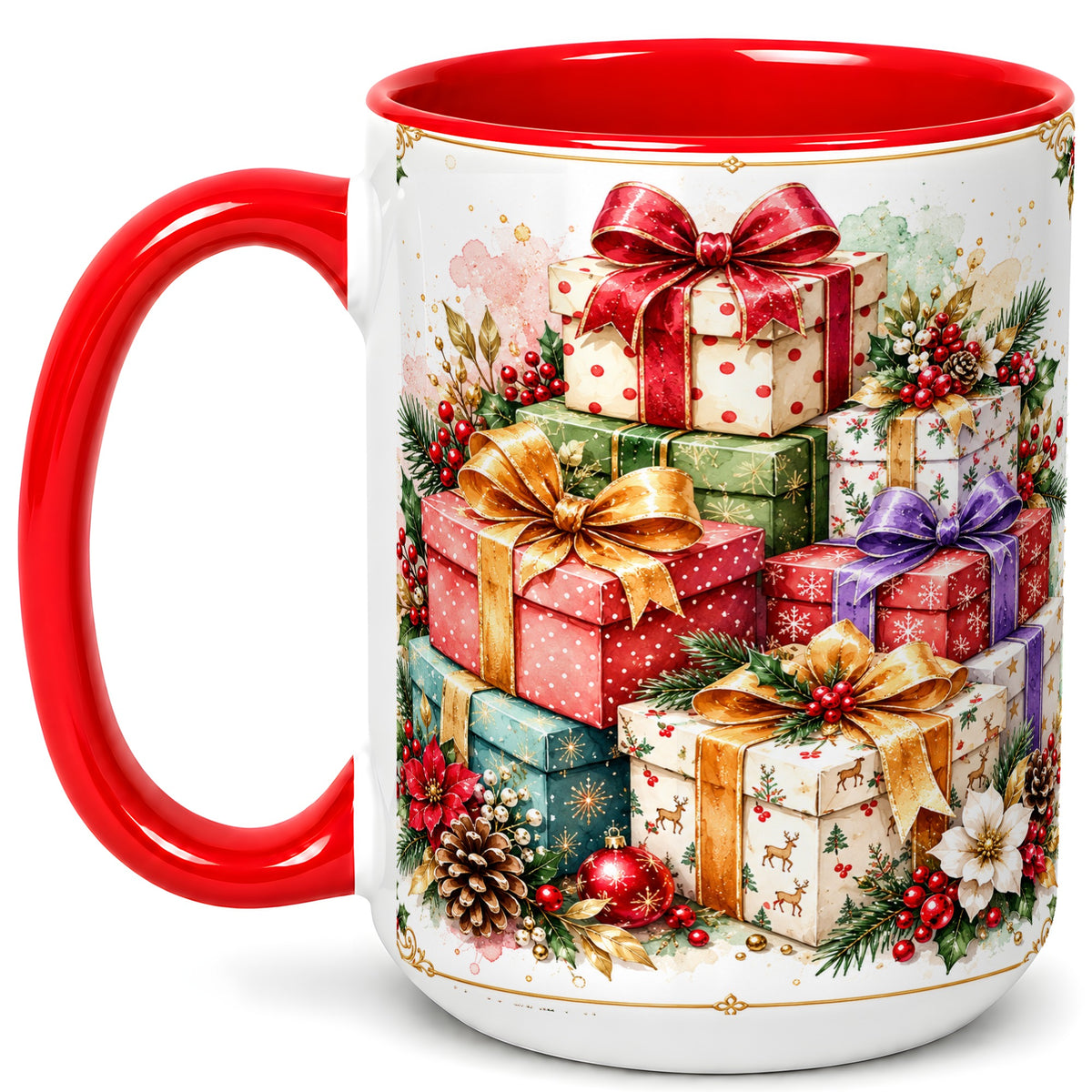 #pl[15oz|Red] Christmas Present Stack Coffee Mug, Purple Ribbon Holiday Mug, Ceramic Cup