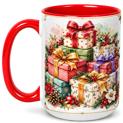 #pl[15oz|Red] Christmas Present Stack Coffee Mug, Purple Ribbon Holiday Mug, Ceramic Cup