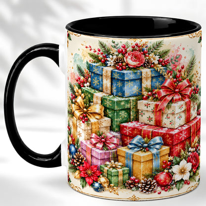 #pl[11oz|Black] Christmas Presents Coffee Mug, Winter Rose Floral Mug, Ceramic Cup