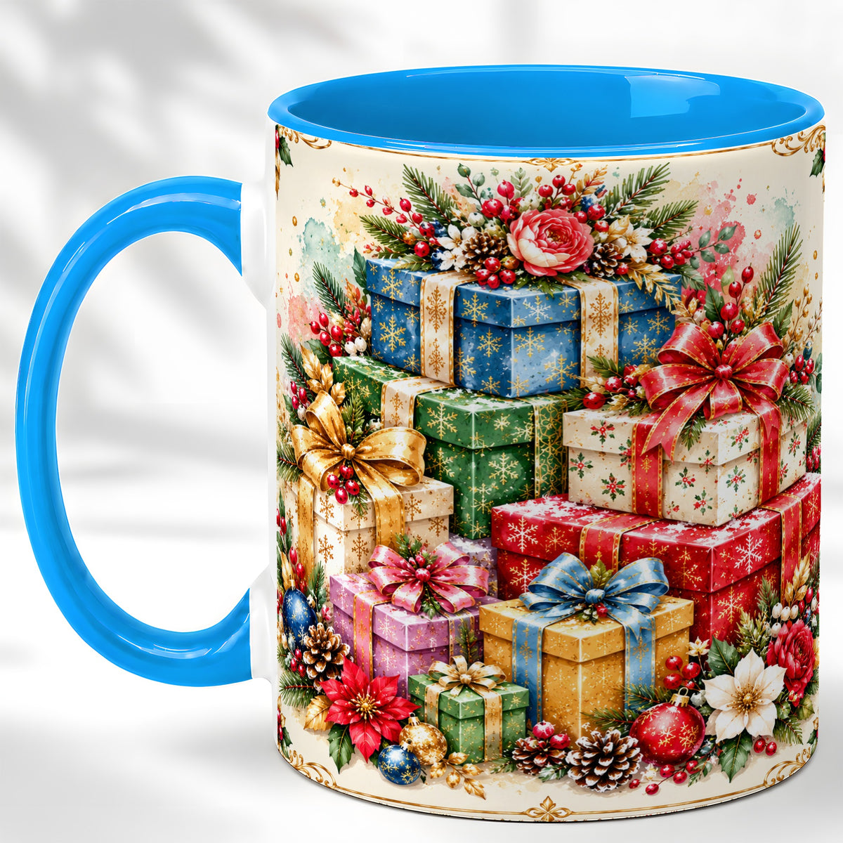 #pl[11oz|Blue] Christmas Presents Coffee Mug, Winter Rose Floral Mug, Ceramic Cup