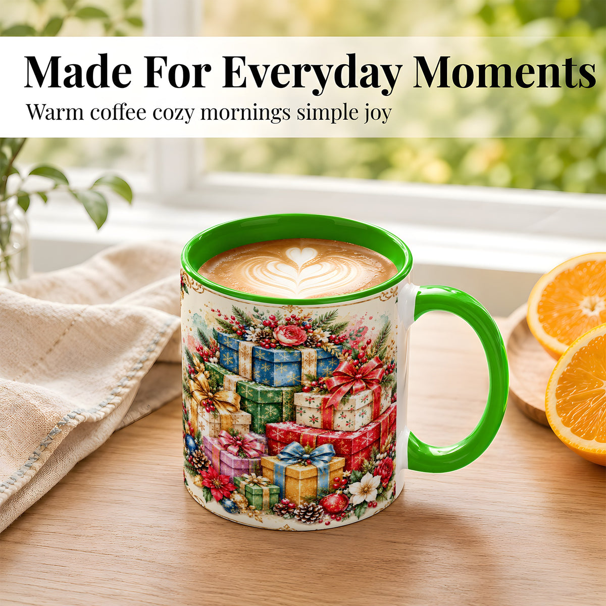 #pl[11oz|Green] Christmas Presents Coffee Mug, Winter Rose Floral Mug, Ceramic Cup