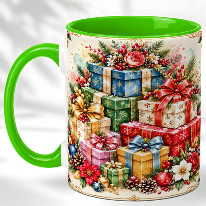 #pl[11oz|Green] Christmas Presents Coffee Mug, Winter Rose Floral Mug, Ceramic Cup