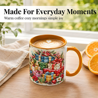 #pl[11oz|Orange] Christmas Presents Coffee Mug, Winter Rose Floral Mug, Ceramic Cup