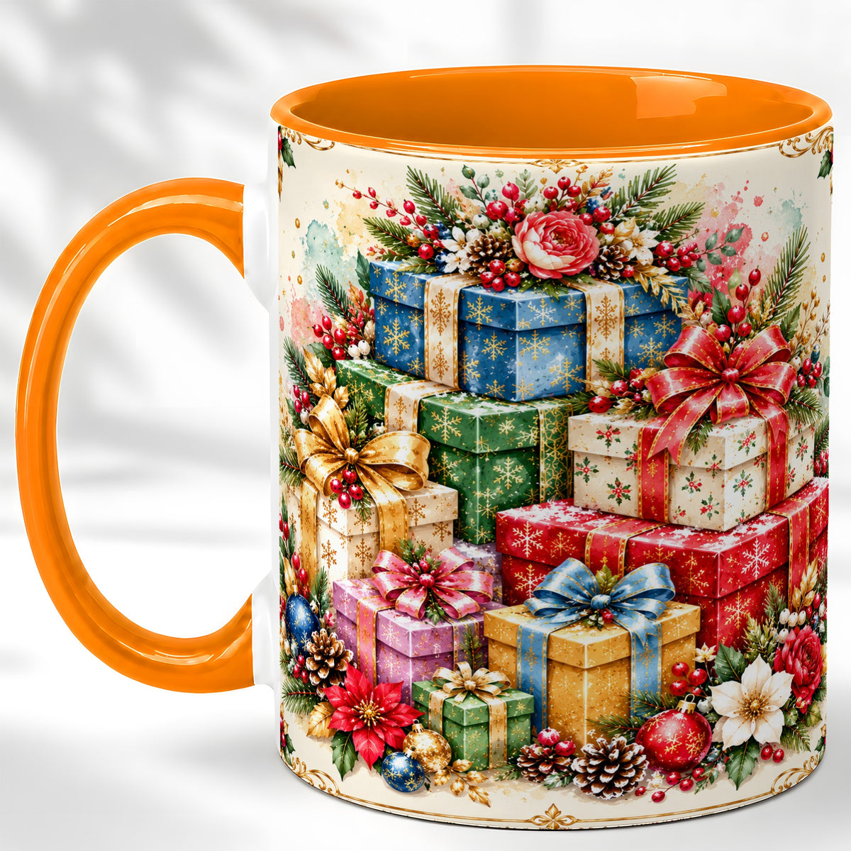 #pl[11oz|Orange] Christmas Presents Coffee Mug, Winter Rose Floral Mug, Ceramic Cup