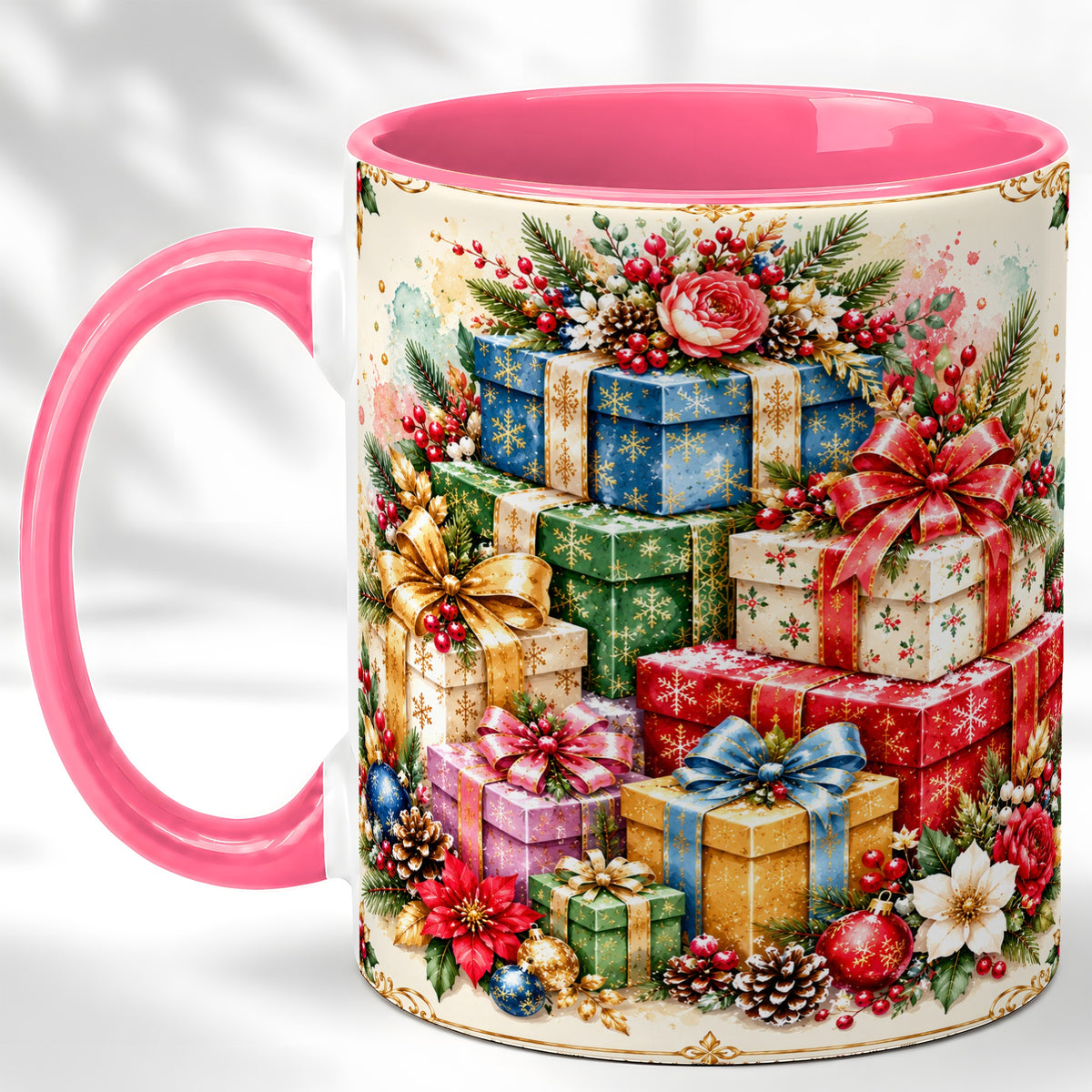 #pl[11oz|Pink] Christmas Presents Coffee Mug, Winter Rose Floral Mug, Ceramic Cup