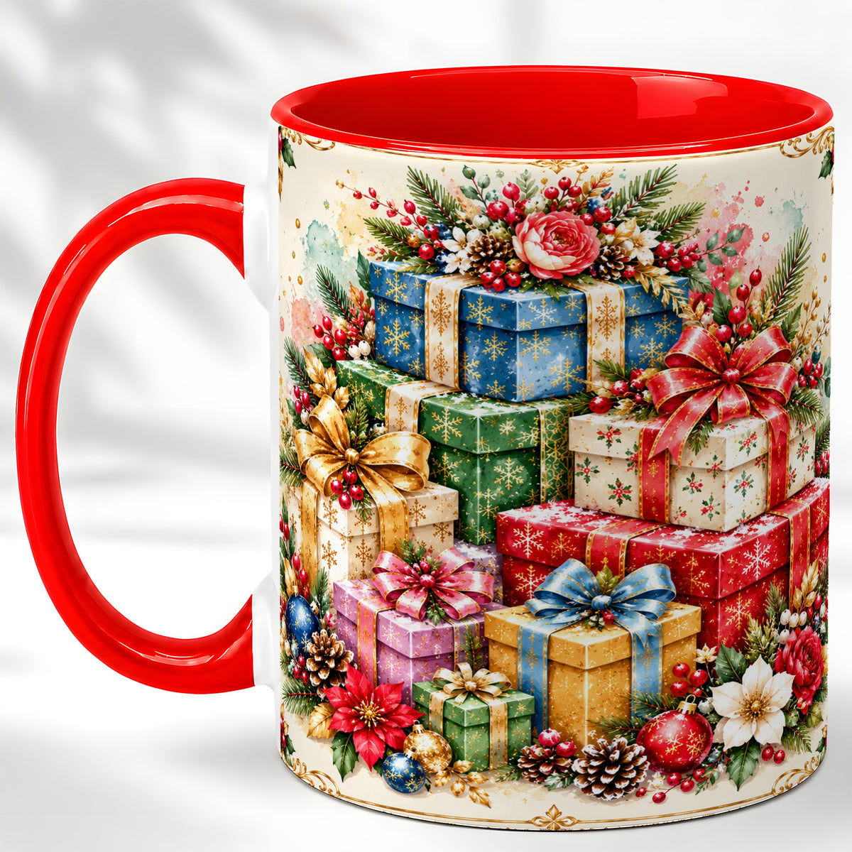 Christmas Presents Coffee Mug, Winter Rose Floral Mug, Ceramic Cup