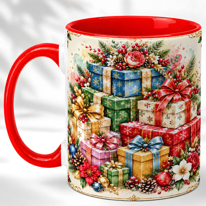 Christmas Presents Coffee Mug, Winter Rose Floral Mug, Ceramic Cup