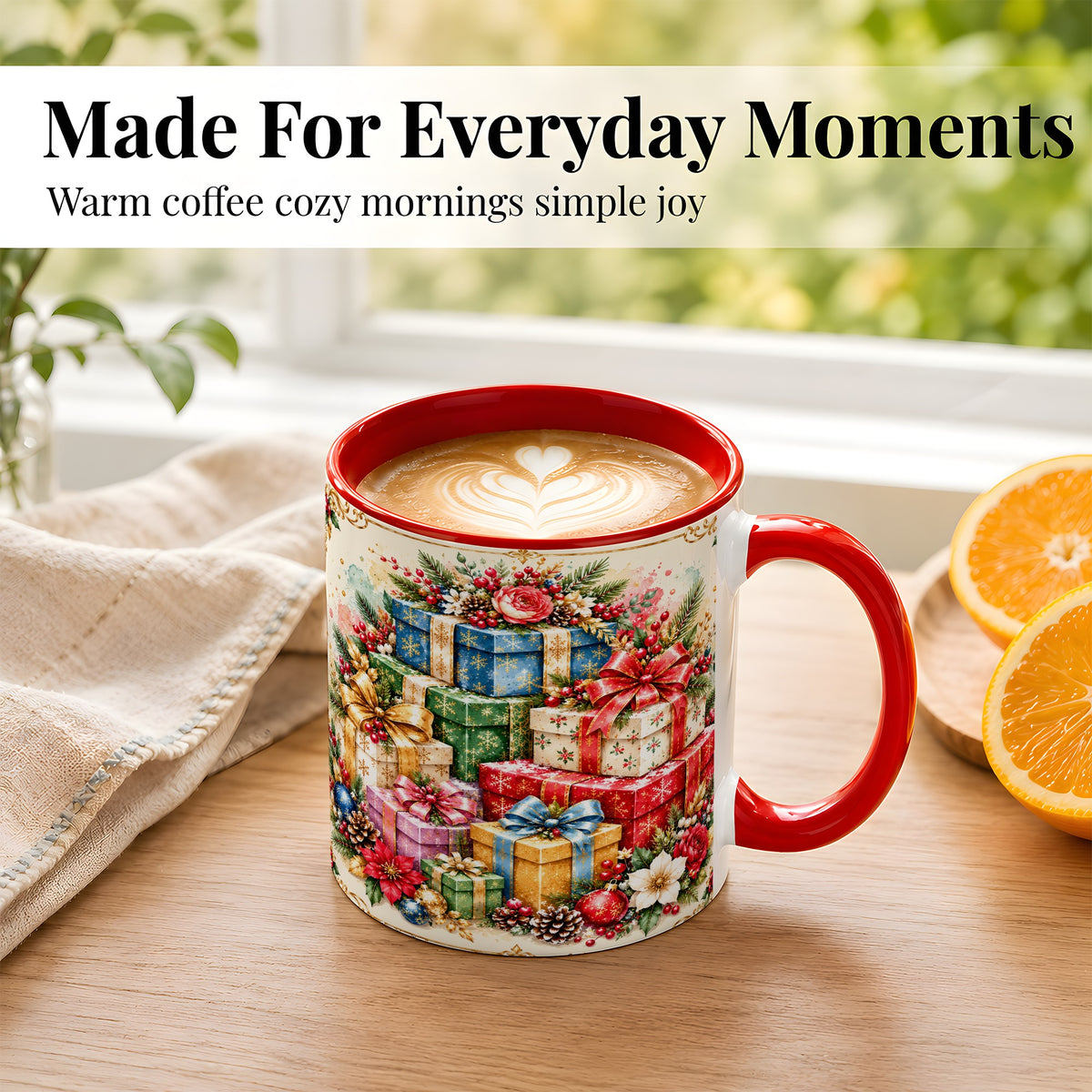 #pl[11oz|Red] Christmas Presents Coffee Mug, Winter Rose Floral Mug, Ceramic Cup