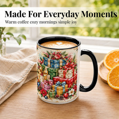 #pl[15oz|Black] Christmas Presents Coffee Mug, Winter Rose Floral Mug, Ceramic Cup