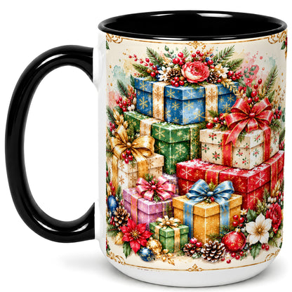 #pl[15oz|Black] Christmas Presents Coffee Mug, Winter Rose Floral Mug, Ceramic Cup
