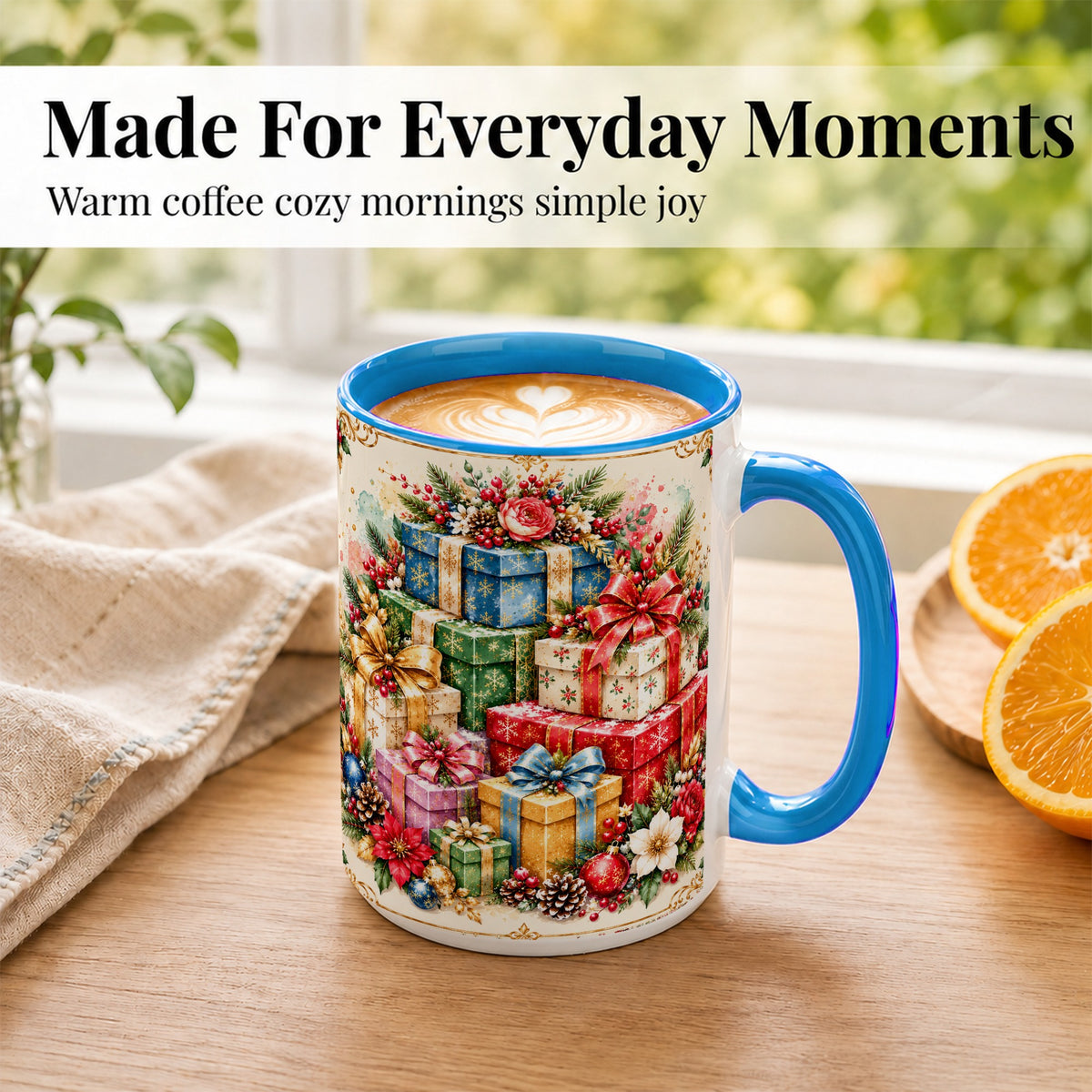 #pl[15oz|Blue] Christmas Presents Coffee Mug, Winter Rose Floral Mug, Ceramic Cup