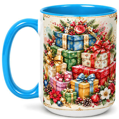 #pl[15oz|Blue] Christmas Presents Coffee Mug, Winter Rose Floral Mug, Ceramic Cup