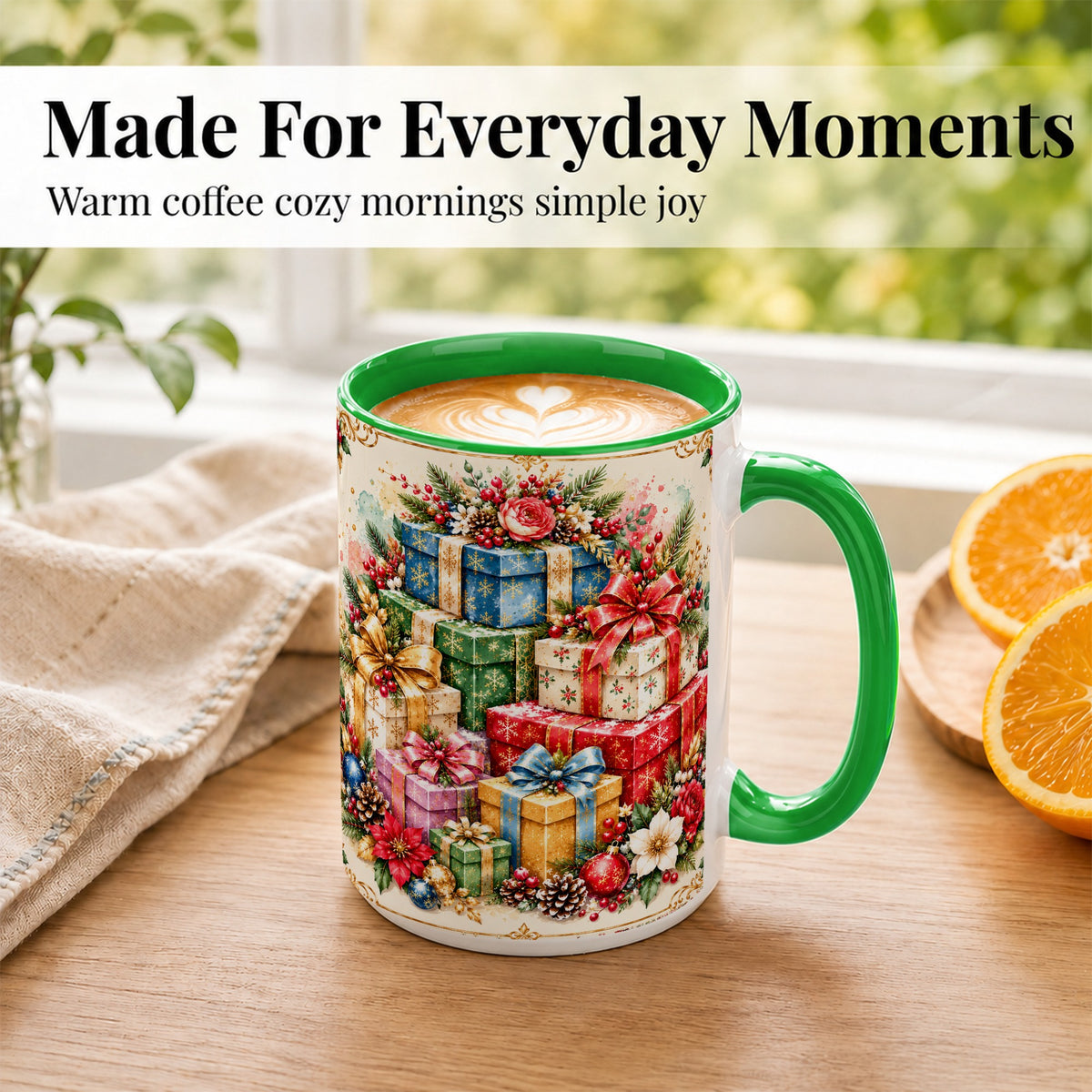 #pl[15oz|Green] Christmas Presents Coffee Mug, Winter Rose Floral Mug, Ceramic Cup