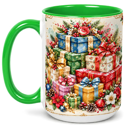 #pl[15oz|Green] Christmas Presents Coffee Mug, Winter Rose Floral Mug, Ceramic Cup