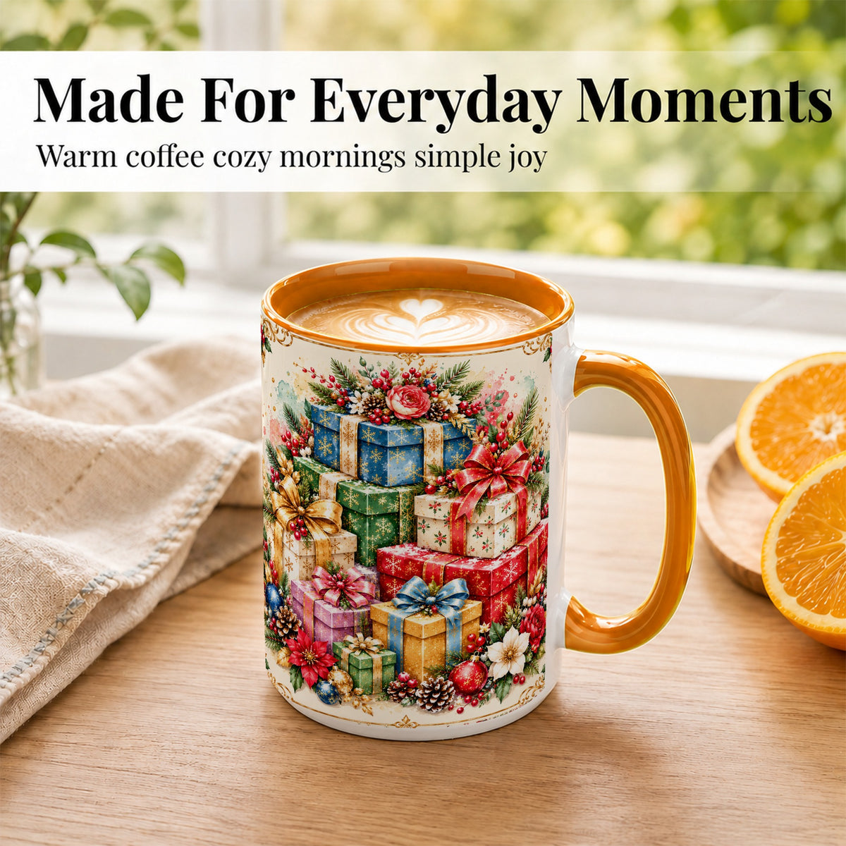 #pl[15oz|Orange] Christmas Presents Coffee Mug, Winter Rose Floral Mug, Ceramic Cup