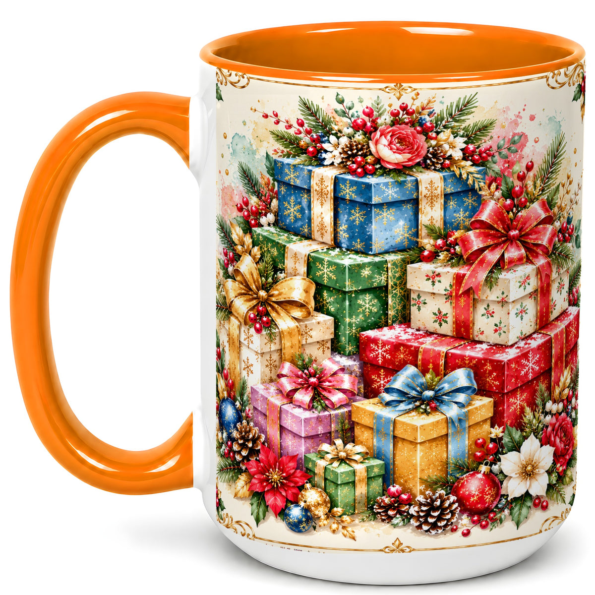 #pl[15oz|Orange] Christmas Presents Coffee Mug, Winter Rose Floral Mug, Ceramic Cup