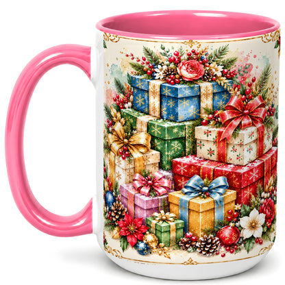 #pl[15oz|Pink] Christmas Presents Coffee Mug, Winter Rose Floral Mug, Ceramic Cup