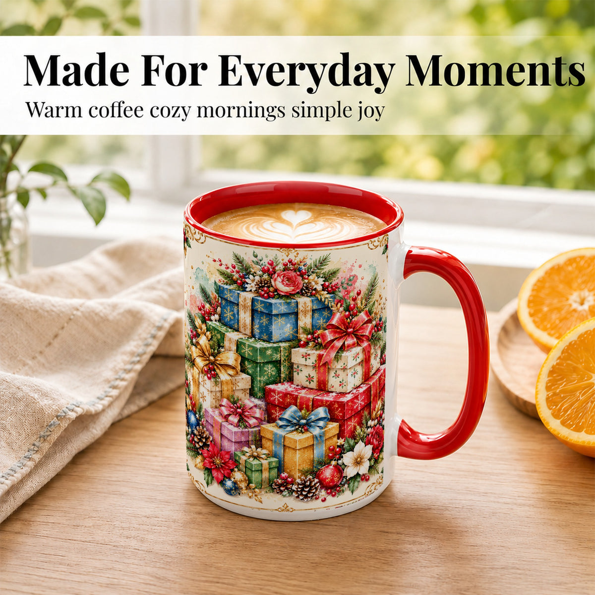 #pl[15oz|Red] Christmas Presents Coffee Mug, Winter Rose Floral Mug, Ceramic Cup