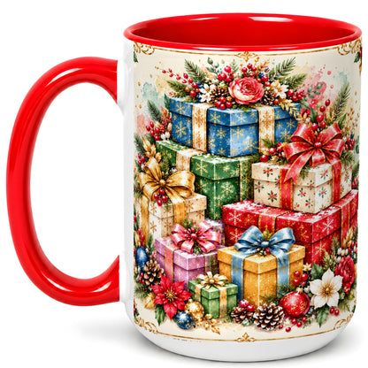 #pl[15oz|Red] Christmas Presents Coffee Mug, Winter Rose Floral Mug, Ceramic Cup