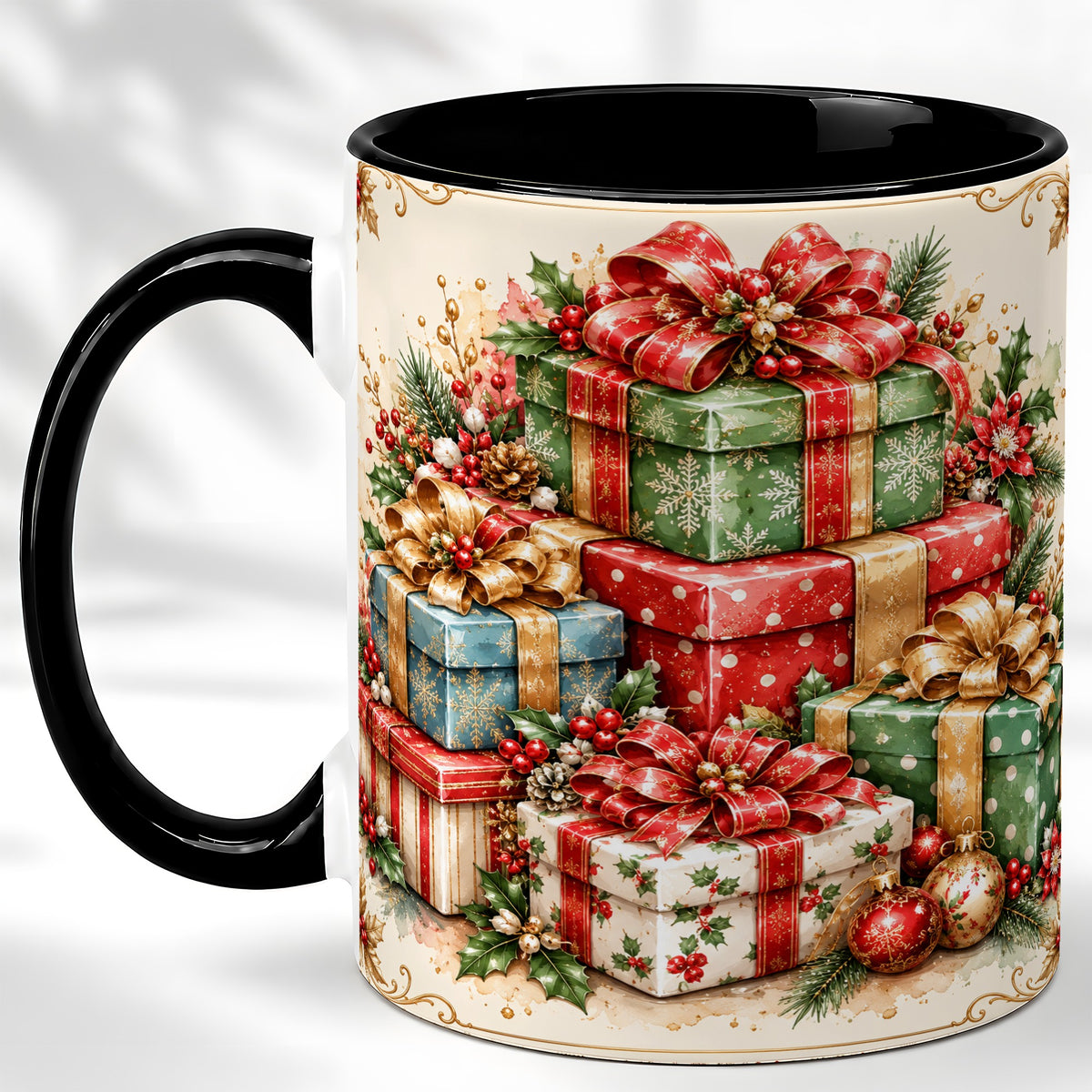 #pl[11oz|Black] Vintage Christmas Presents Coffee Mug, Gold Bow Holiday Mug, Ceramic Cup