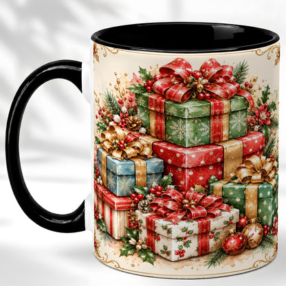 #pl[11oz|Black] Vintage Christmas Presents Coffee Mug, Gold Bow Holiday Mug, Ceramic Cup