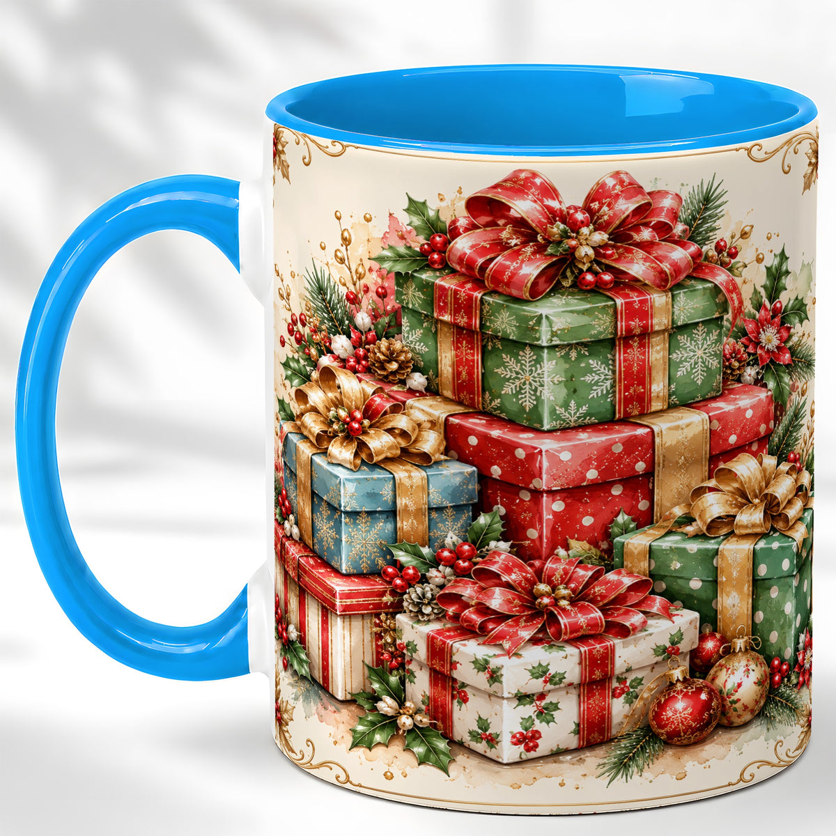 #pl[11oz|Blue] Vintage Christmas Presents Coffee Mug, Gold Bow Holiday Mug, Ceramic Cup