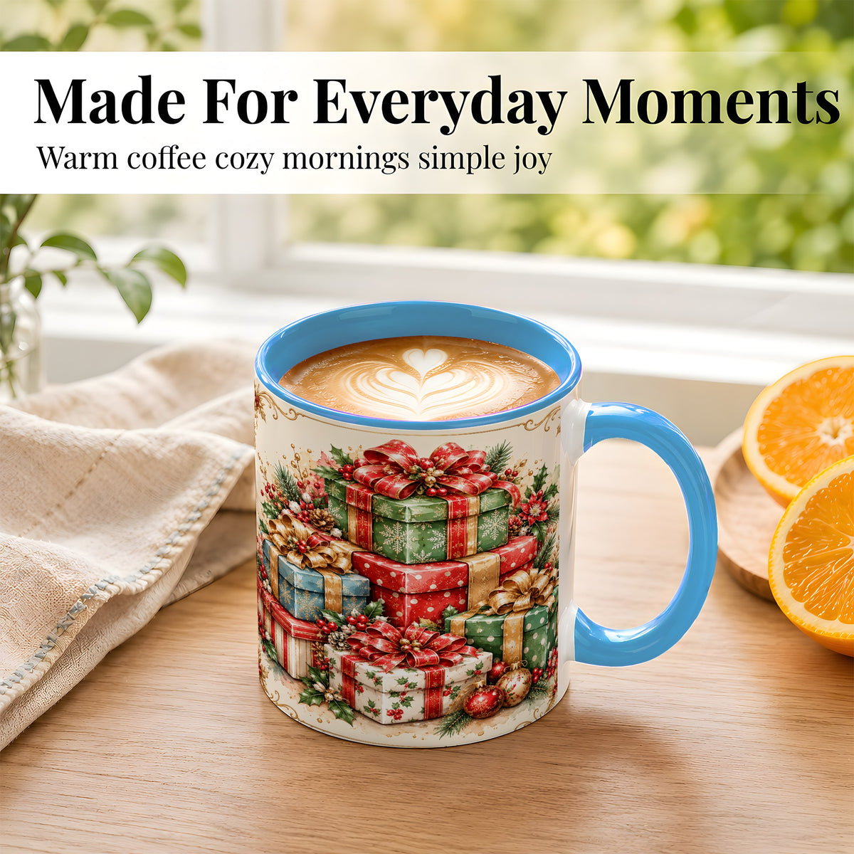 #pl[11oz|Blue] Vintage Christmas Presents Coffee Mug, Gold Bow Holiday Mug, Ceramic Cup