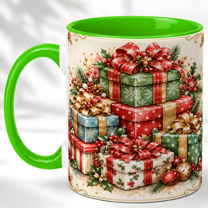 #pl[11oz|Green] Vintage Christmas Presents Coffee Mug, Gold Bow Holiday Mug, Ceramic Cup