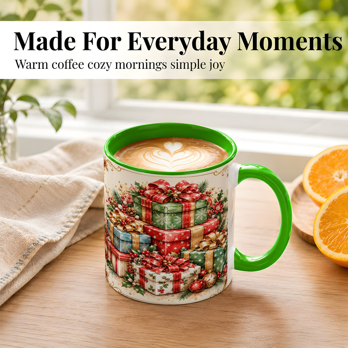 #pl[11oz|Green] Vintage Christmas Presents Coffee Mug, Gold Bow Holiday Mug, Ceramic Cup