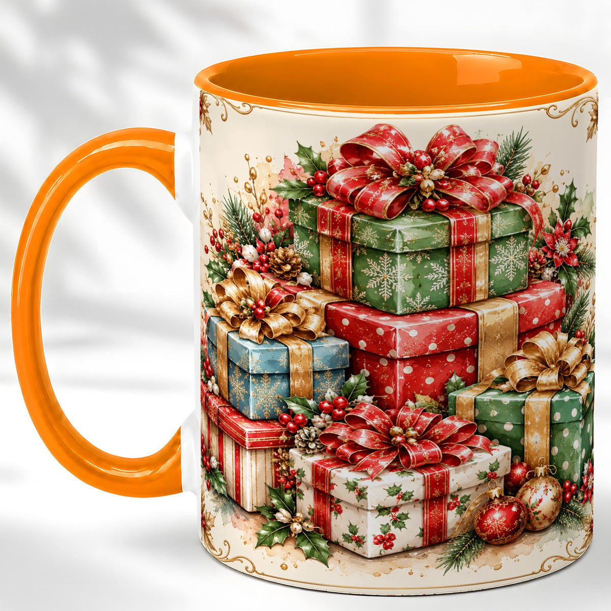 #pl[11oz|Orange] Vintage Christmas Presents Coffee Mug, Gold Bow Holiday Mug, Ceramic Cup