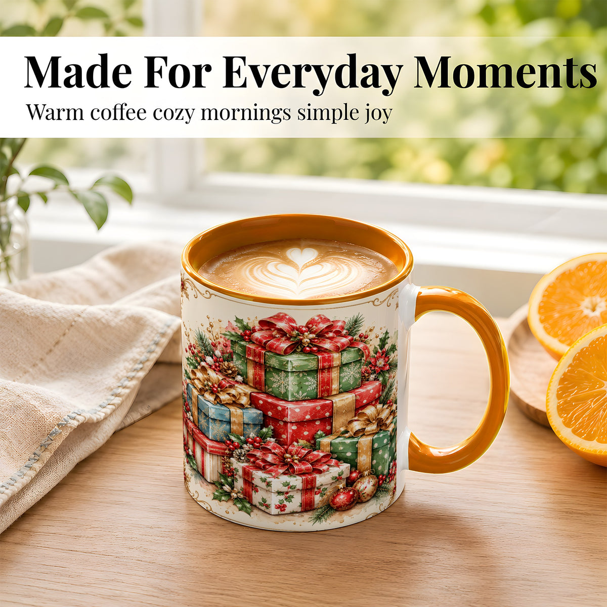 #pl[11oz|Orange] Vintage Christmas Presents Coffee Mug, Gold Bow Holiday Mug, Ceramic Cup