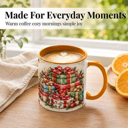 #pl[11oz|Orange] Vintage Christmas Presents Coffee Mug, Gold Bow Holiday Mug, Ceramic Cup