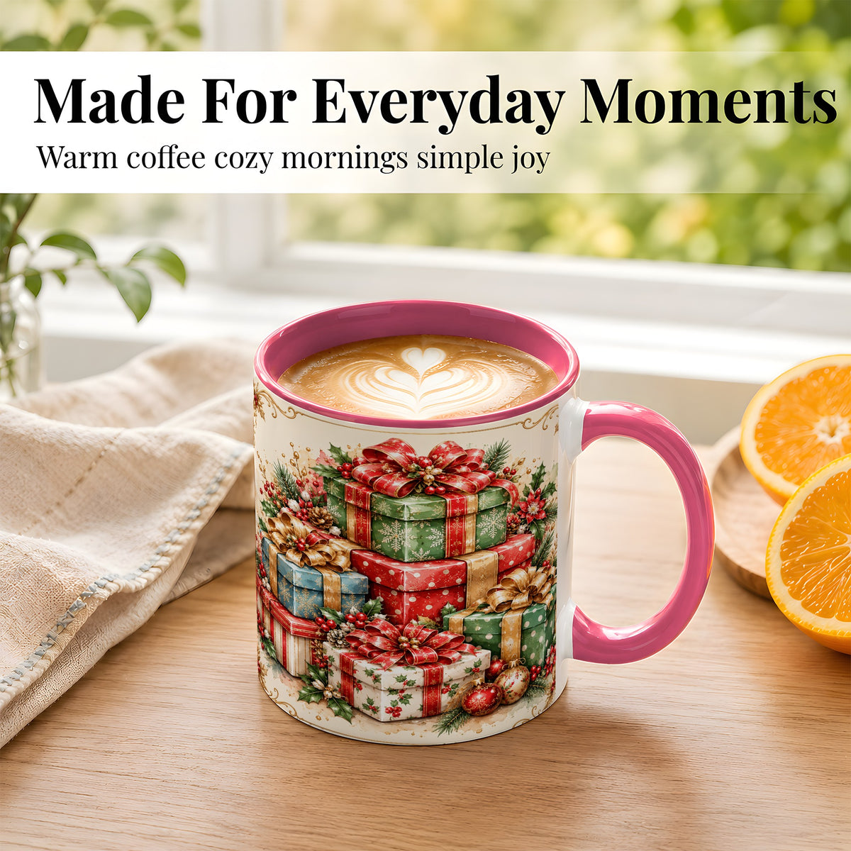 #pl[11oz|Pink] Vintage Christmas Presents Coffee Mug, Gold Bow Holiday Mug, Ceramic Cup