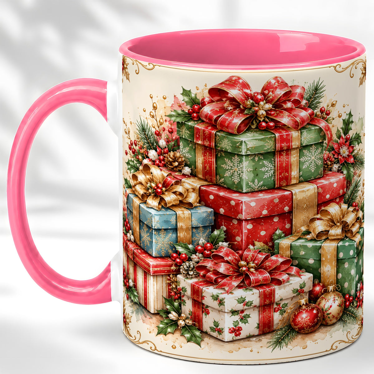 #pl[11oz|Pink] Vintage Christmas Presents Coffee Mug, Gold Bow Holiday Mug, Ceramic Cup