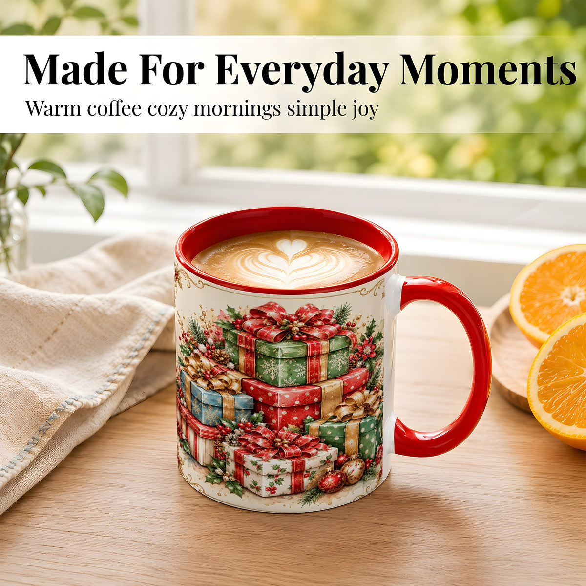 #pl[11oz|Red] Vintage Christmas Presents Coffee Mug, Gold Bow Holiday Mug, Ceramic Cup