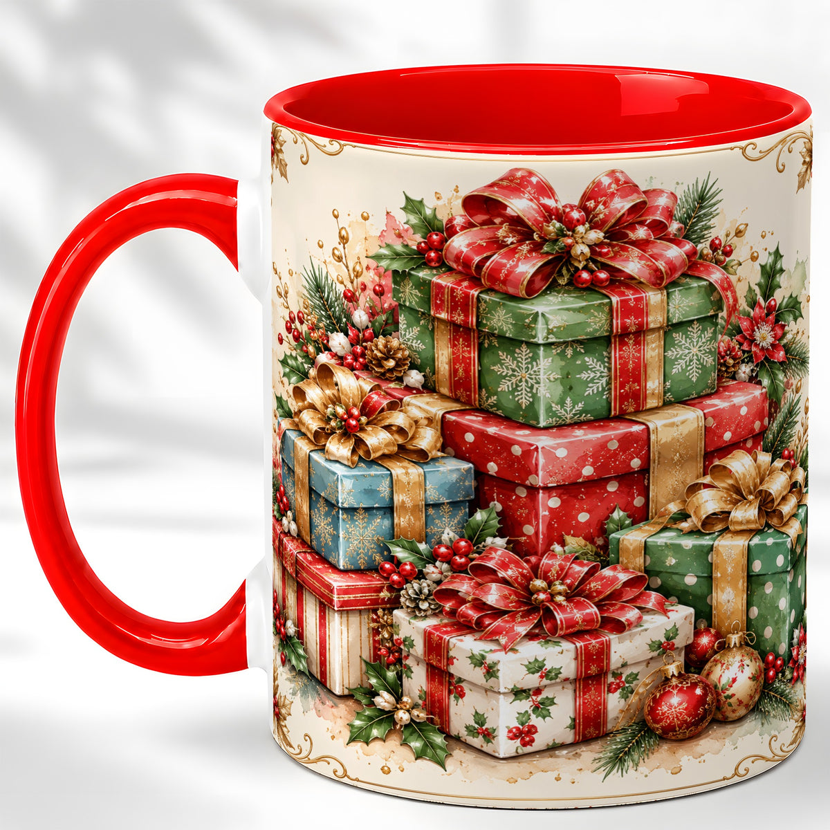 Vintage Christmas Presents Coffee Mug, Gold Bow Holiday Mug, Ceramic Cup